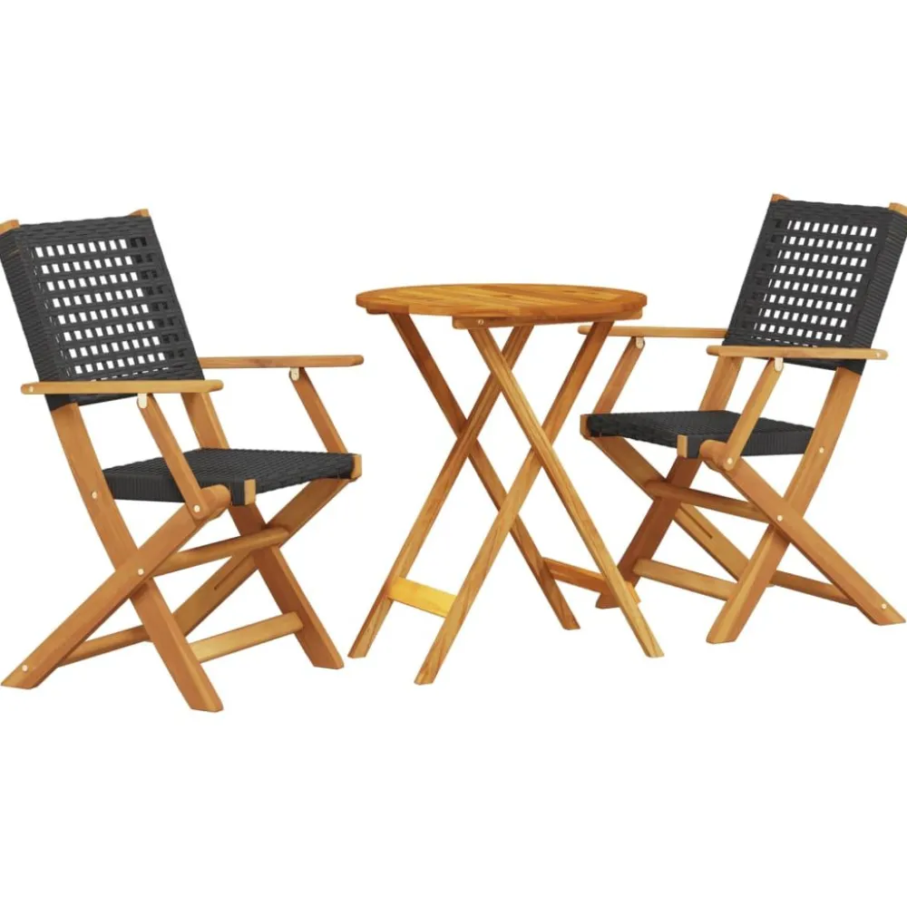 FinePRICE Bistrosarja 3-osainen musta polyrottinki ja täysi akasiapuu (81790)