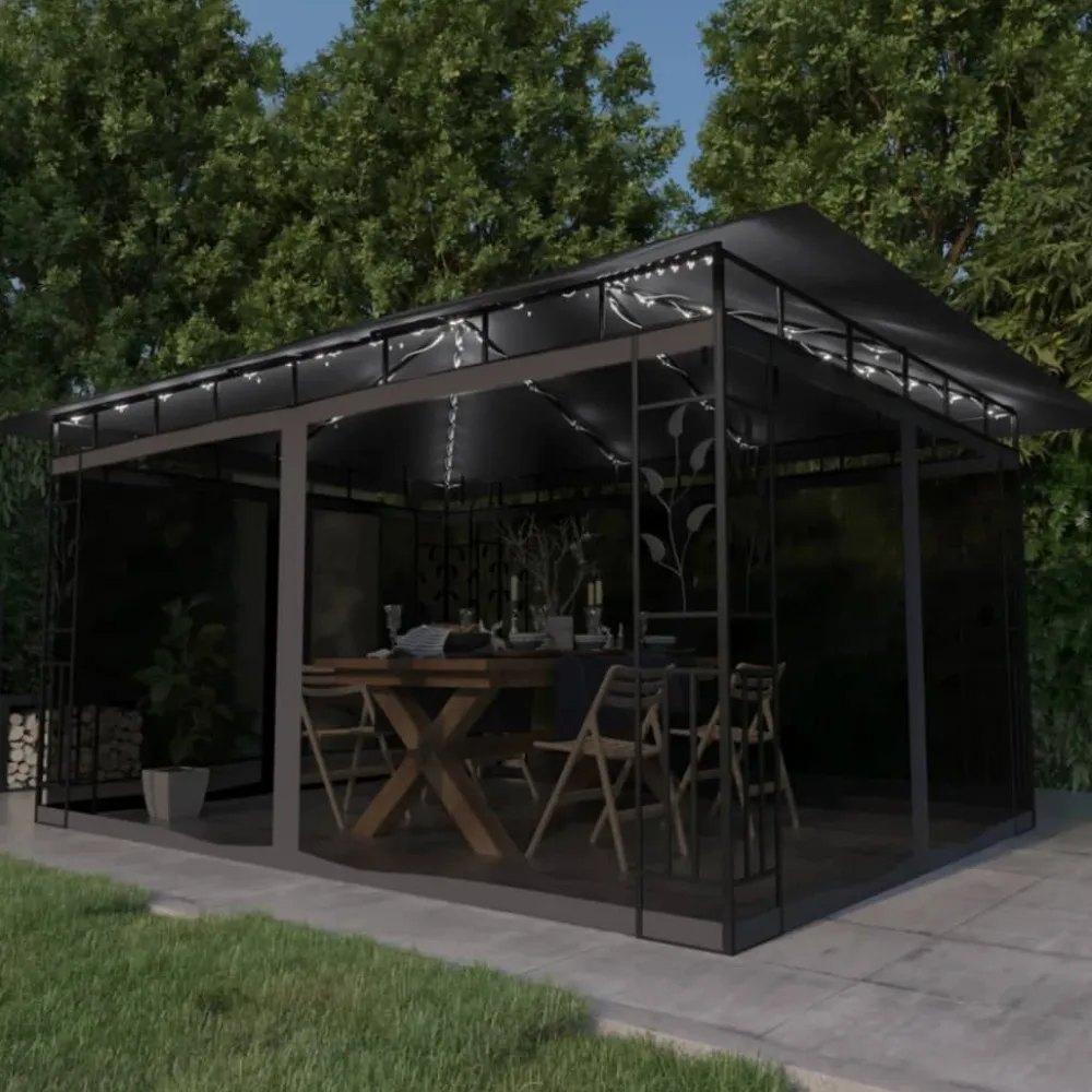 Discount FinePRICE Huvimaja hyttysverkko ja LED-valonauha 3x3x2,73 m ruskeanharmaa