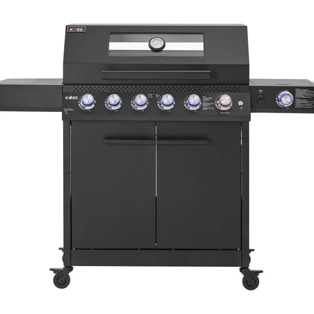 Outlet Kobe Kaasugrilli Premium 6+1, 5 poltinta, sivukeitin, Sear-poltin, lasikansi, musta