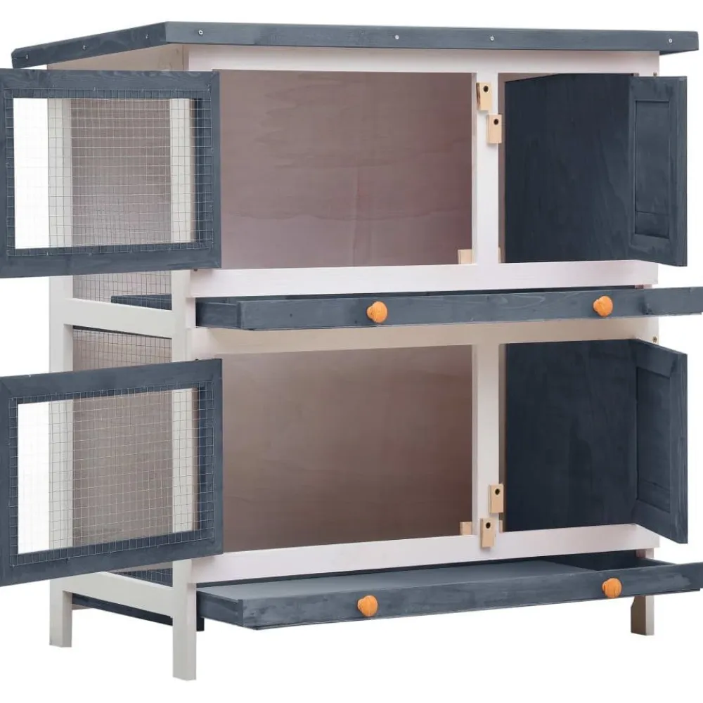 Clearance FinePRICE Kanin ulkohäkki, 4 ovea, 90x90x45cm, harmaa puu