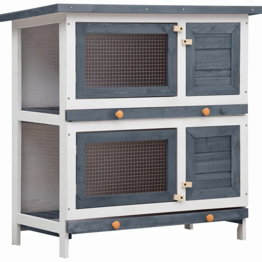 Clearance FinePRICE Kanin ulkohäkki, 4 ovea, 90x90x45cm, harmaa puu