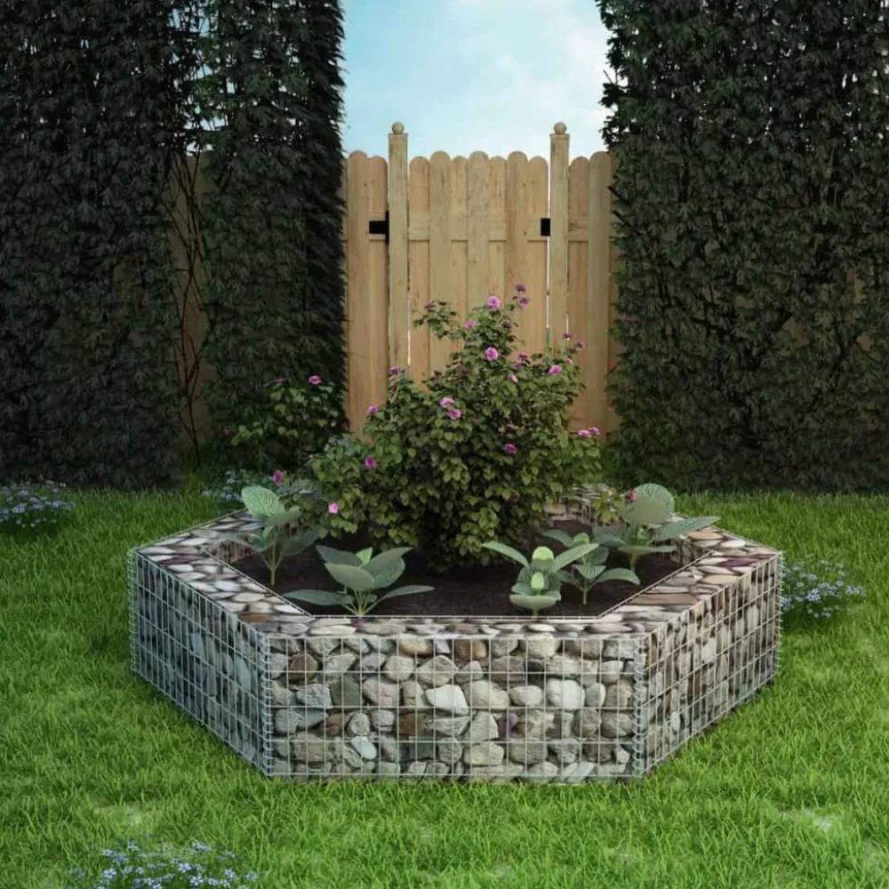 Outlet FinePRICE Korotettu kuusikulmainen gabion-/kivikorikehys 200x173x40 cm