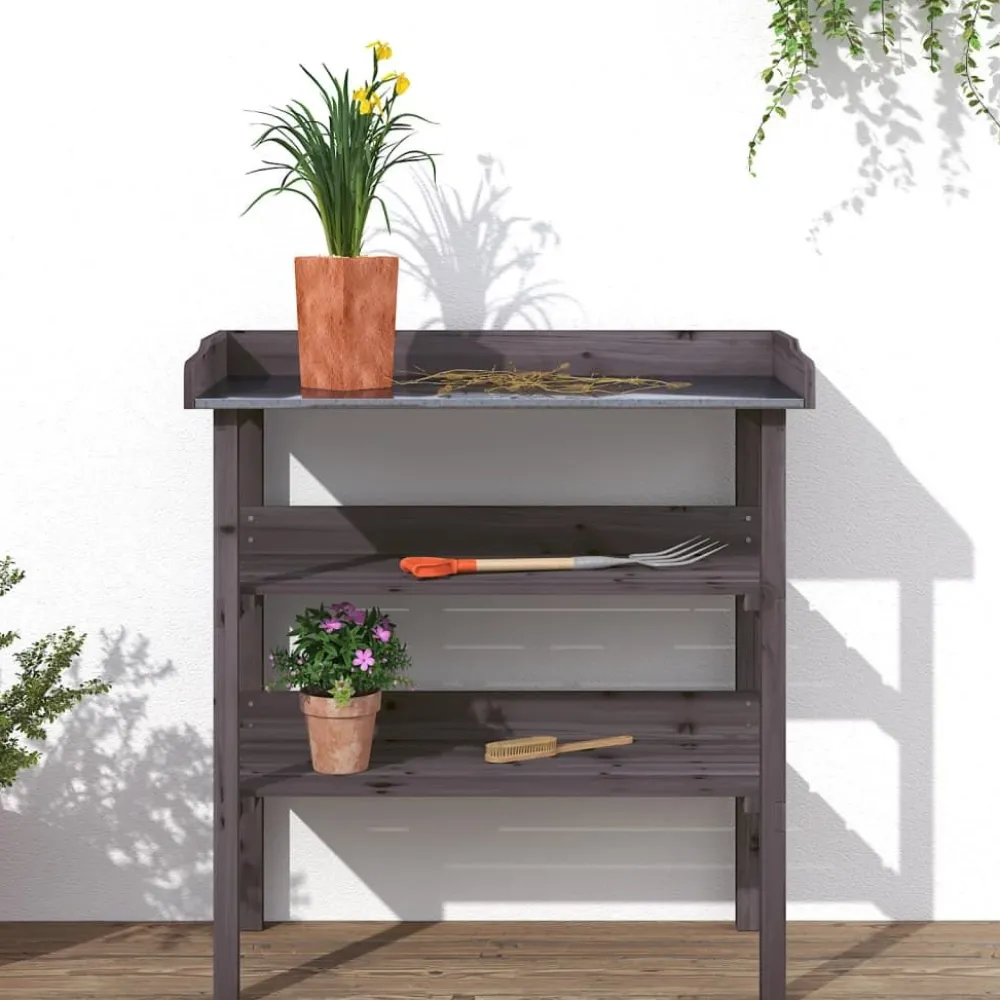 Outlet FinePRICE Kukkapöytä hyllyillä harmaa 78x38x82,5 cm, kuusi
