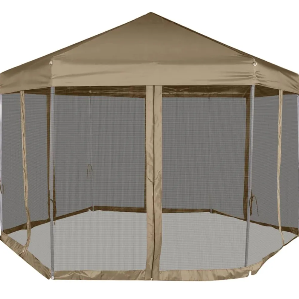 Clearance FinePRICE Kuusikulmainen pop-up katos sivuseinillä 3,6x3,1m 220g/m² taupe