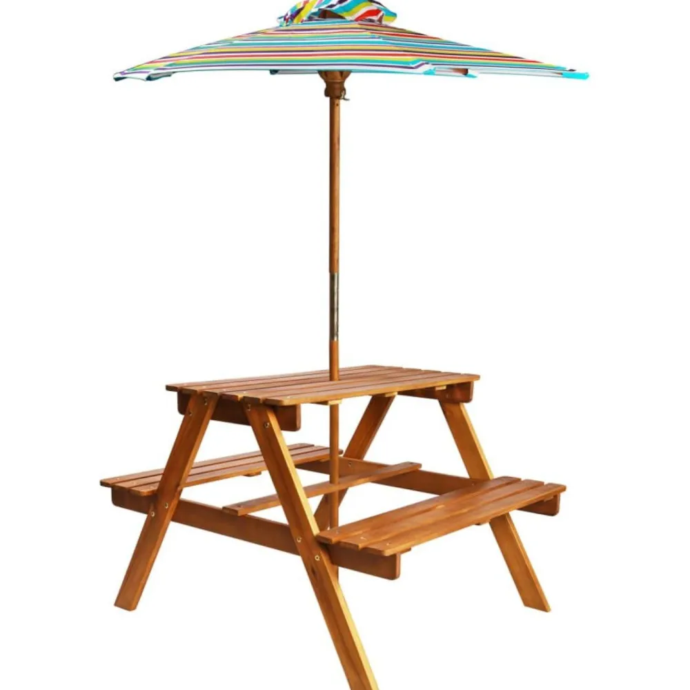 FinePRICE Lasten piknikpöytä aurinkovarjolla 79x90x60 cm täysi akaasiapuu