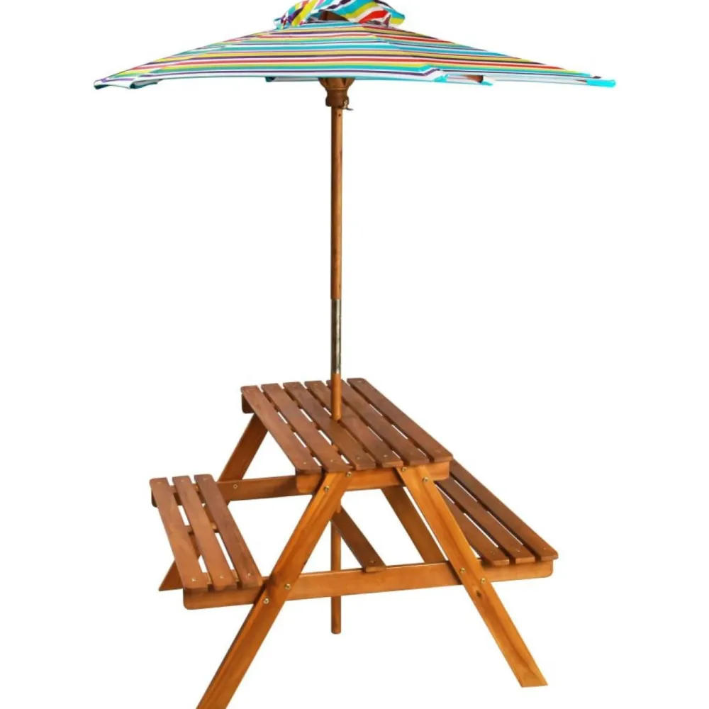 FinePRICE Lasten piknikpöytä aurinkovarjolla 79x90x60 cm täysi akaasiapuu