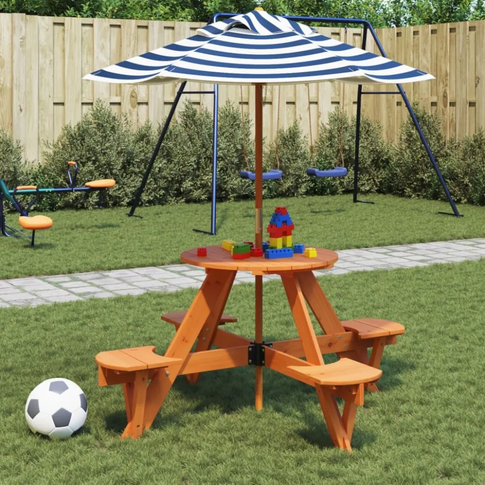 New FinePRICE Lasten piknikpöytä 4 lapselle aurinkovarjo pyöreä täysi kuusi (81624)