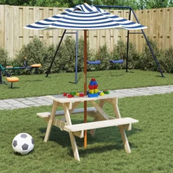 Best FinePRICE Lasten piknikpöytä 4 lapselle aurinkovarjolla täysi kuusi (81614)