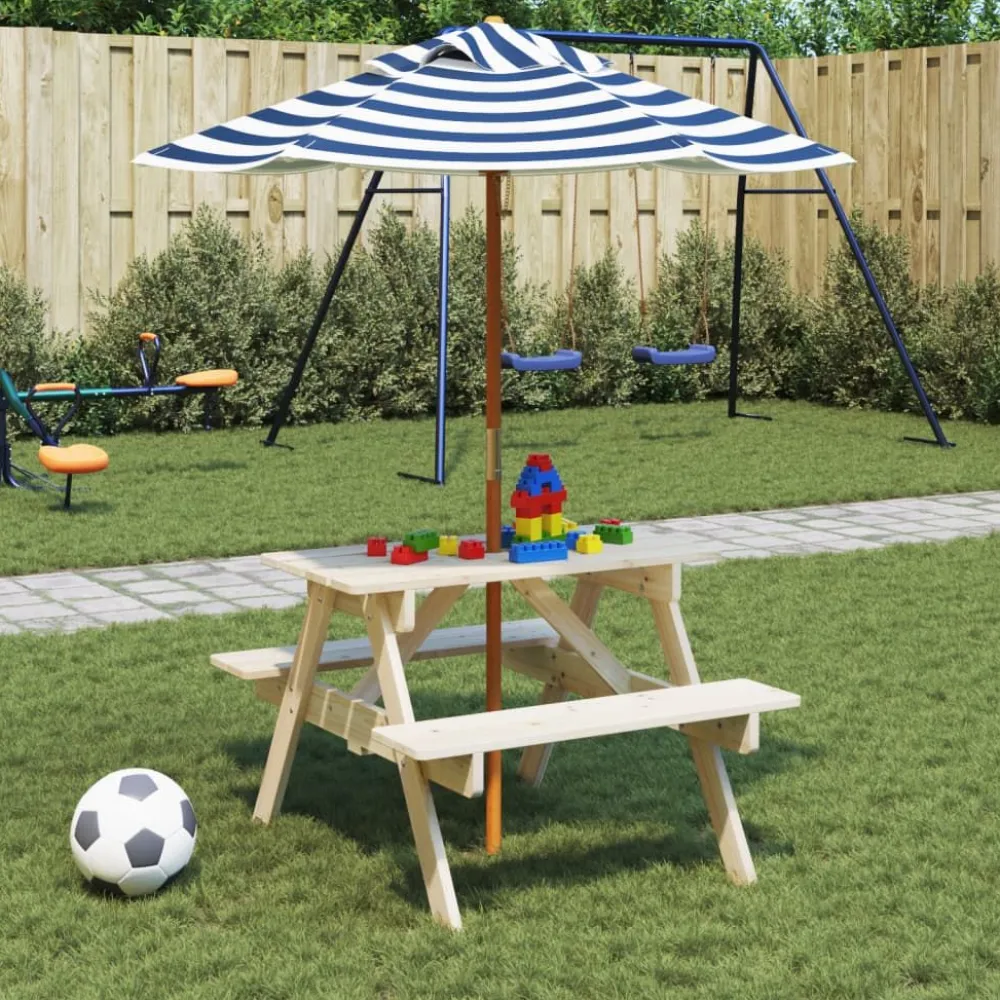 Best FinePRICE Lasten piknikpöytä 4 lapselle aurinkovarjolla täysi kuusi (81614)