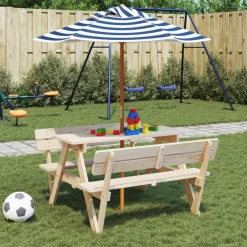 New FinePRICE Lasten piknikpöytä 4 lapselle aurinkovarjolla täysi kuusi (81618)