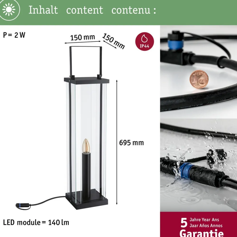 Paulmann LED-lyhty Plug & Shine Classic, 69.5cm, IP44, 1900K, antrasiitti