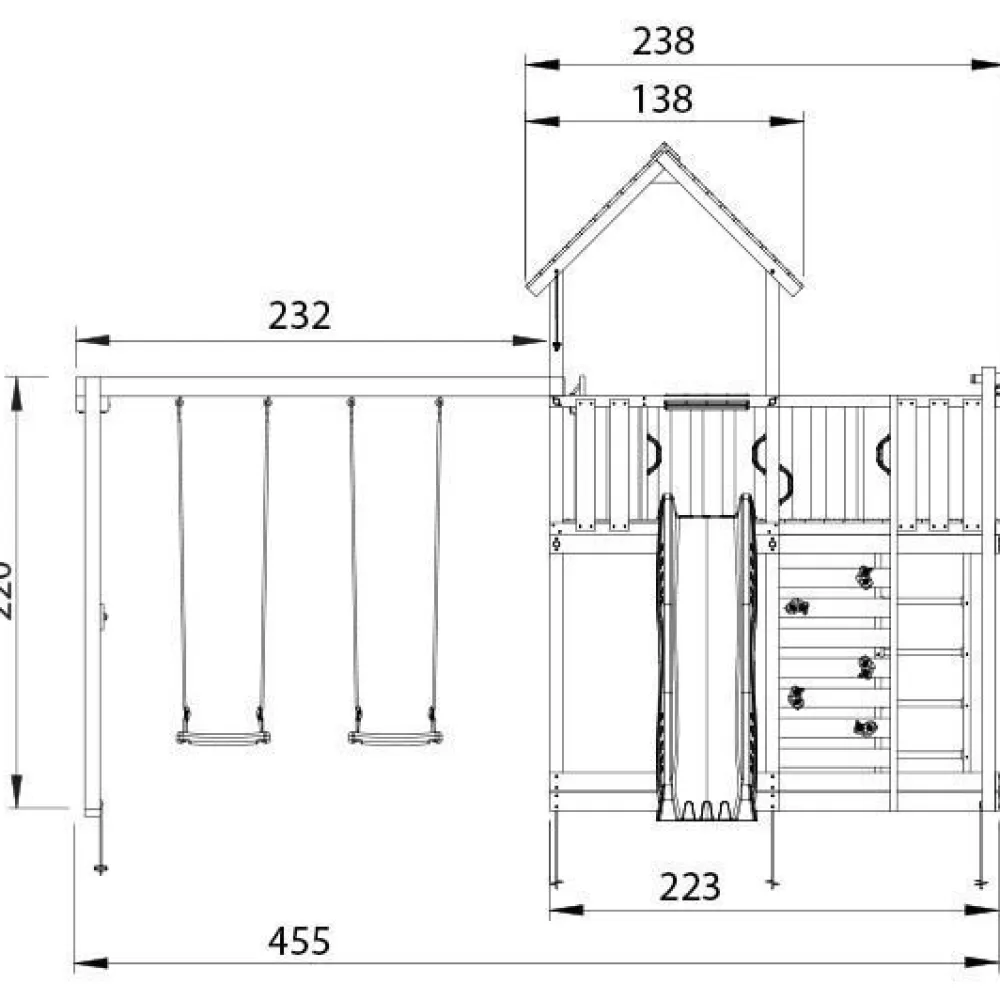Clearance Jungle Gym Leikkitorni Mansion 2.1, 2-Swing Module 220, liukumäki ja 120 kg hiekkaa