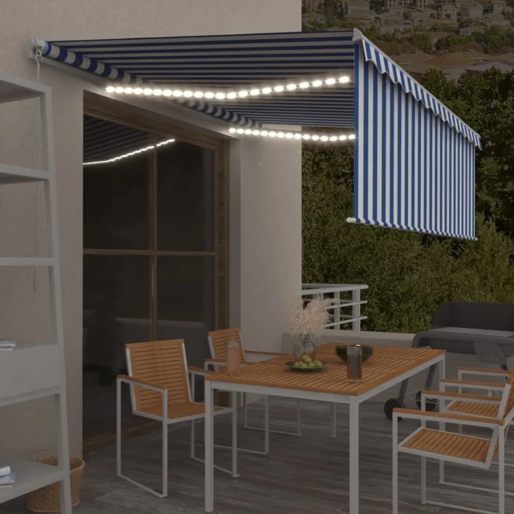 New FinePRICE Manuaalisesti kelattava markiisi 2 verho/LED 3x2,5 m keltainen/valkoinen