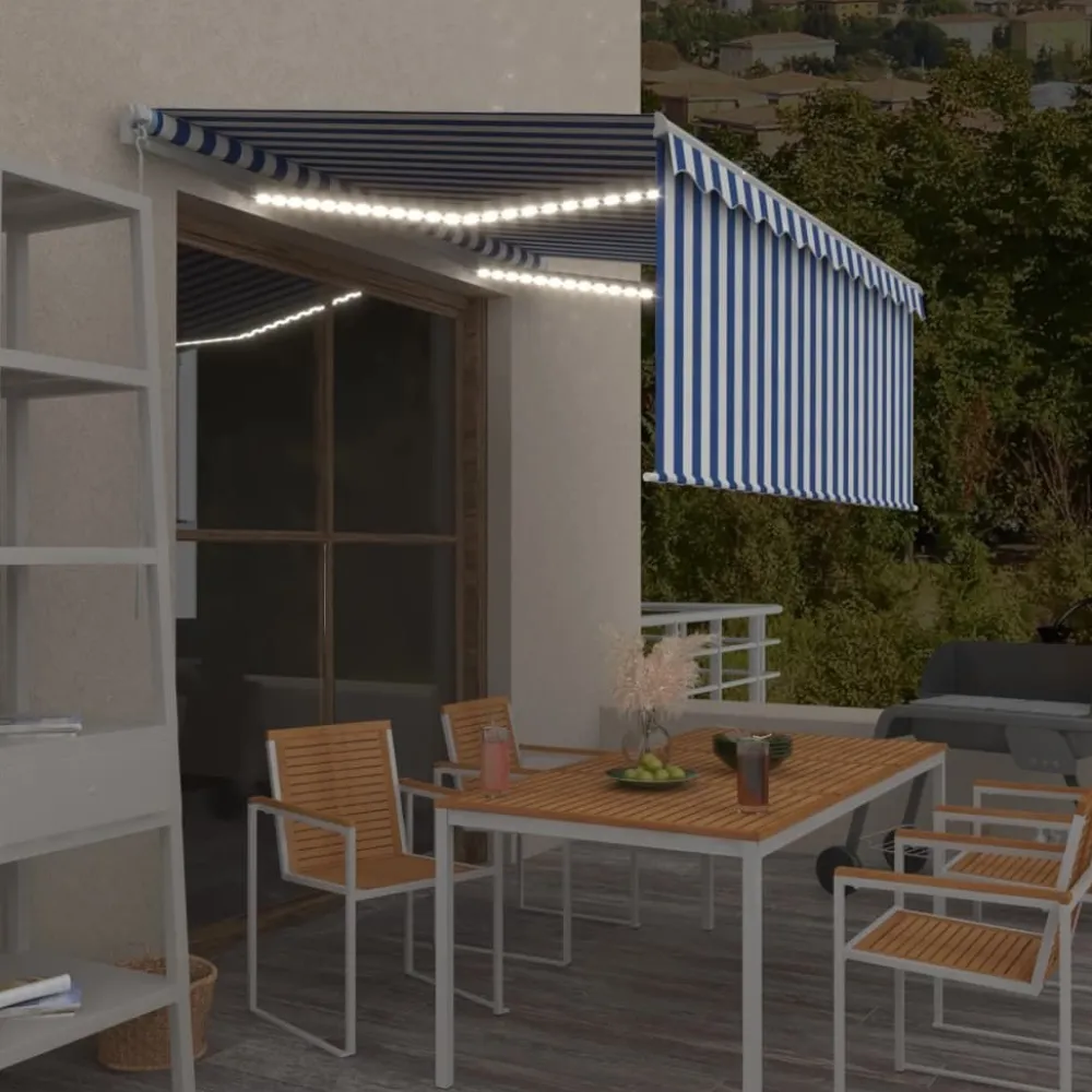 New FinePRICE Manuaalisesti kelattava markiisi 2 verho/LED 3x2,5 m keltainen/valkoinen