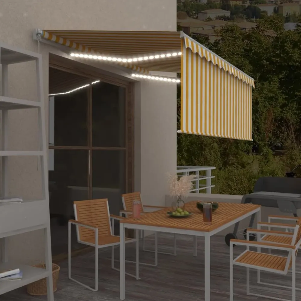 New FinePRICE Manuaalisesti kelattava markiisi 2 verho/LED 3x2,5 m keltainen/valkoinen