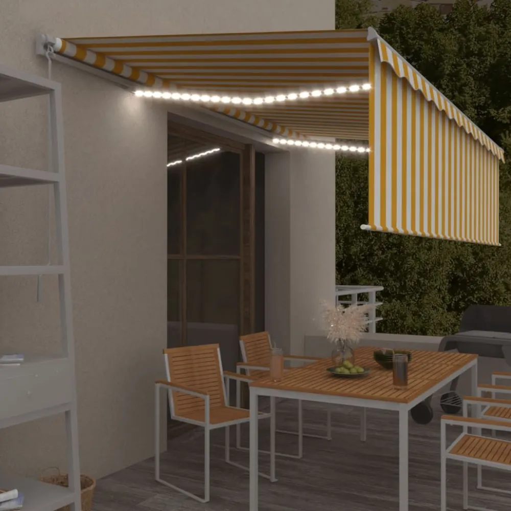 New FinePRICE Manuaalisesti kelattava markiisi 2 verho/LED 3x2,5 m keltainen/valkoinen