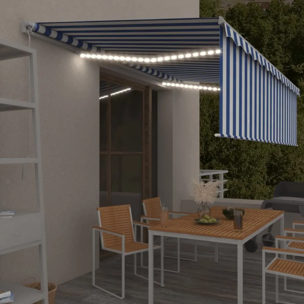 New FinePRICE Manuaalisesti kelattava markiisi 2 verho/LED 3x2,5 m keltainen/valkoinen