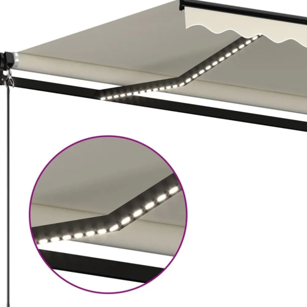 Outlet FinePRICE Manuaalisesti sisäänkelattava markiisi LEDillä 350x250 cm kermanvalkoinen