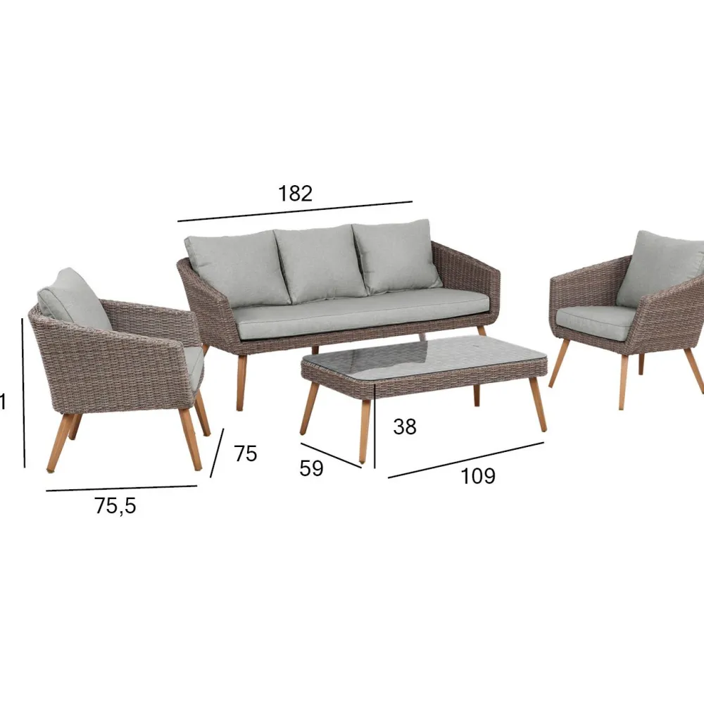 Home4you Oleskeluryhmä Norway, 2-istuttava sohva + 2 nojatuolia + pöytä, beige