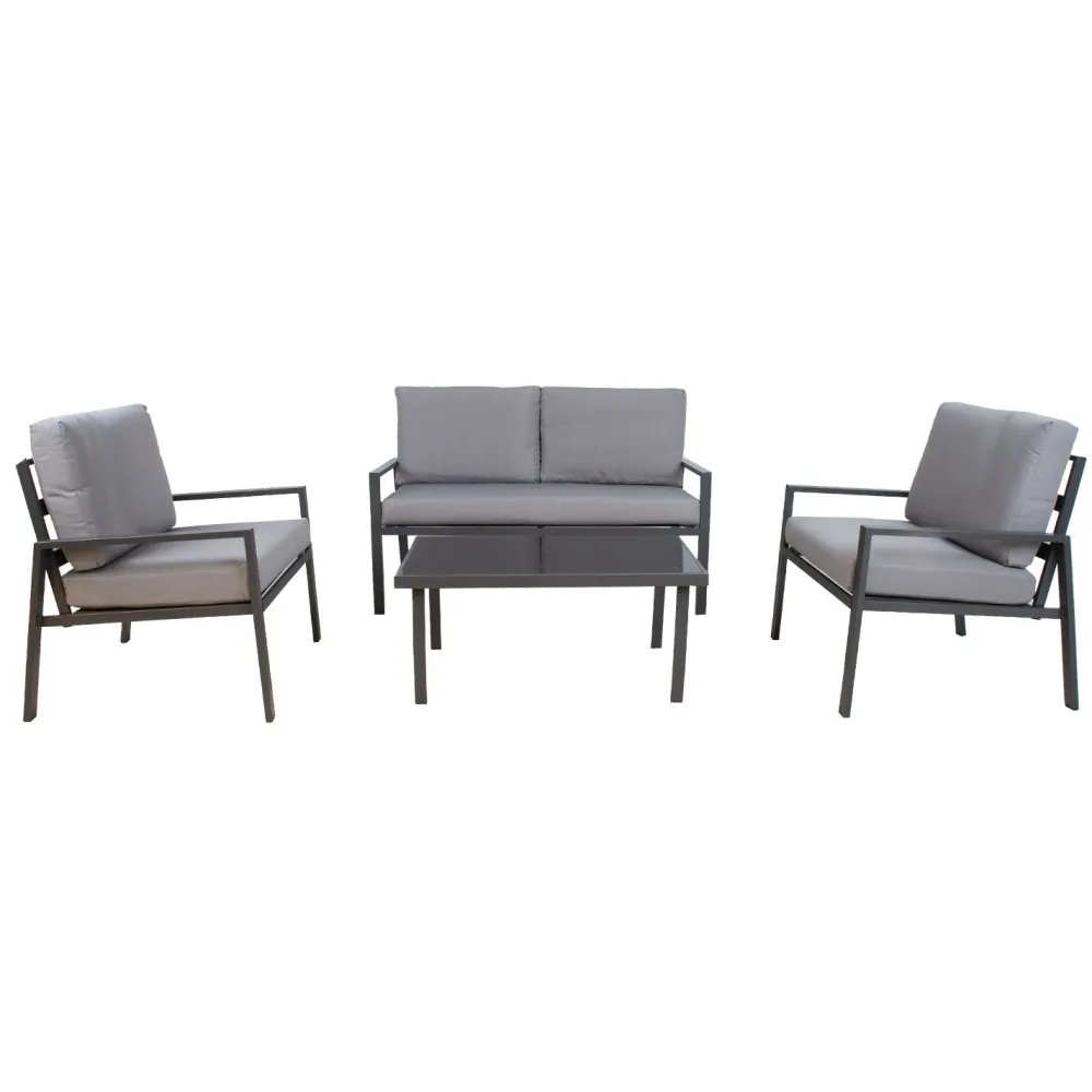Clearance Home4you Oleskeluryhmä Tifton 2-istuttava sohva +2 nojatuolia + pöytä musta/harmaa