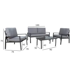 Clearance Home4you Oleskeluryhmä Tifton 2-istuttava sohva +2 nojatuolia + pöytä musta/harmaa