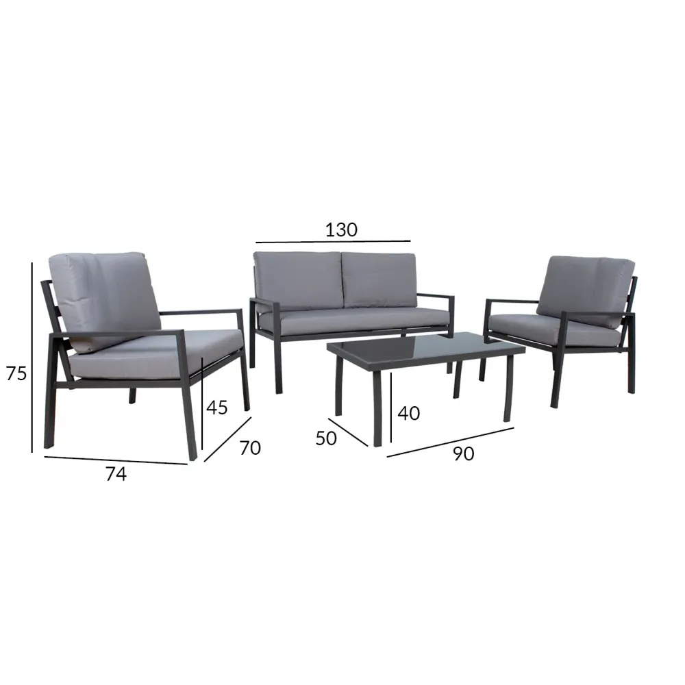Clearance Home4you Oleskeluryhmä Tifton 2-istuttava sohva +2 nojatuolia + pöytä musta/harmaa