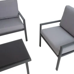 Clearance Home4you Oleskeluryhmä Tifton 2-istuttava sohva +2 nojatuolia + pöytä musta/harmaa