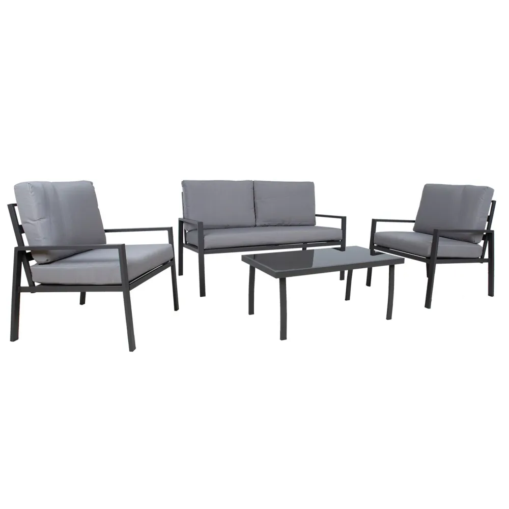 Clearance Home4you Oleskeluryhmä Tifton 2-istuttava sohva +2 nojatuolia + pöytä musta/harmaa