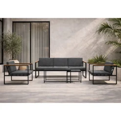 Outlet Venture Home Oleskeluryhmä Dakar, 3-istuttava sohva + 2 lepotuolia + sarjapöytä, harmaa/musta