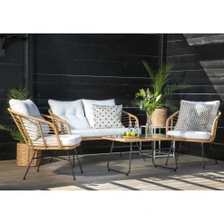 New Venture Home Oleskeluryhmä Viga, 2-istuttava sohva + 2 lepotuolia + sohvapöytä, valkoinen/ruskea