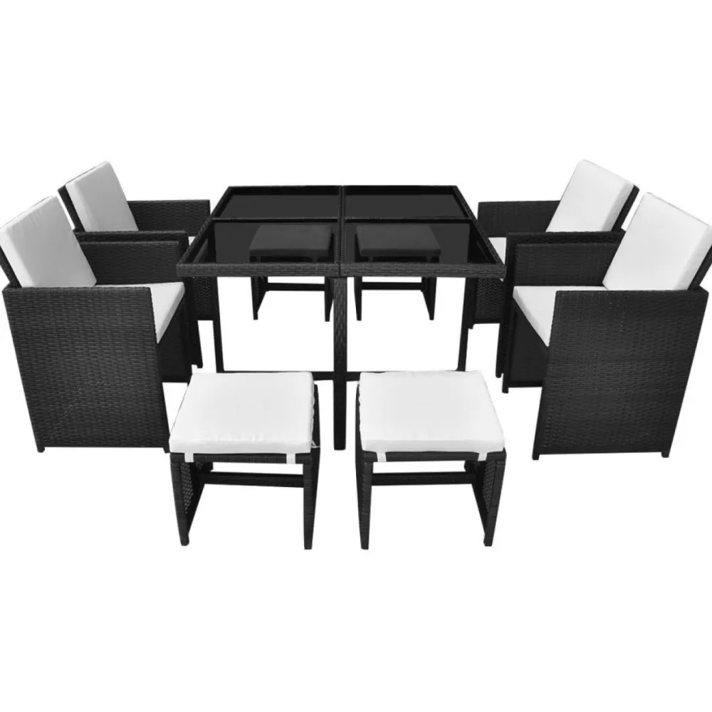 Outlet FinePRICE 9-osainen Ulkoruokailuryhmä tyynyillä 85x109x56 cm polyrottinki musta