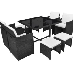 Outlet FinePRICE 9-osainen Ulkoruokailuryhmä tyynyillä 85x109x56 cm polyrottinki musta