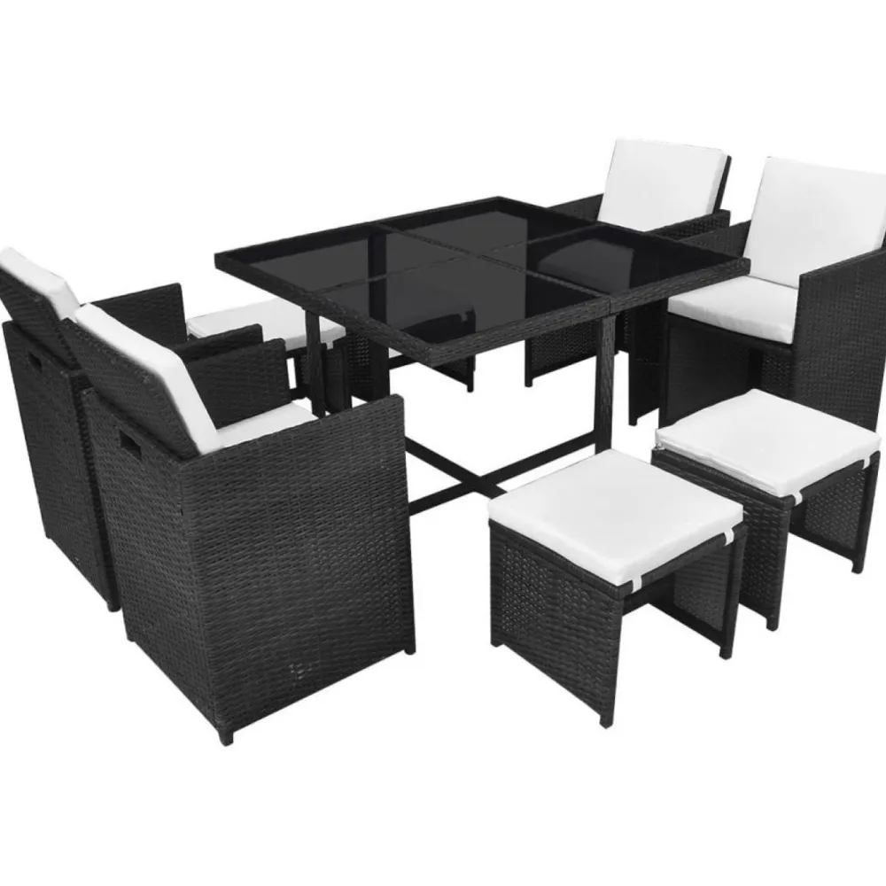 Outlet FinePRICE 9-osainen Ulkoruokailuryhmä tyynyillä 85x109x56 cm polyrottinki musta