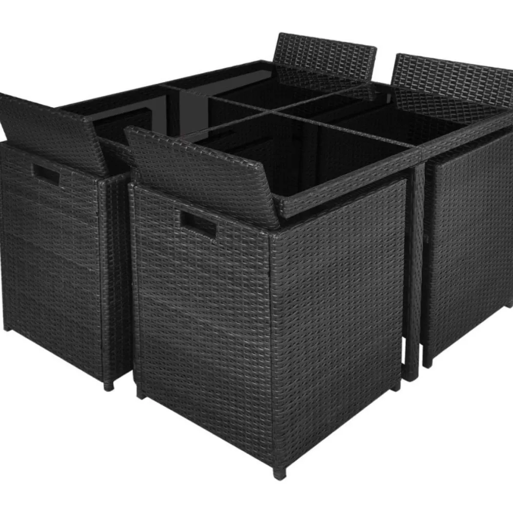 Outlet FinePRICE 9-osainen Ulkoruokailuryhmä tyynyillä 85x109x56 cm polyrottinki musta