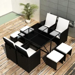 Outlet FinePRICE 9-osainen Ulkoruokailuryhmä tyynyillä 85x109x56 cm polyrottinki musta