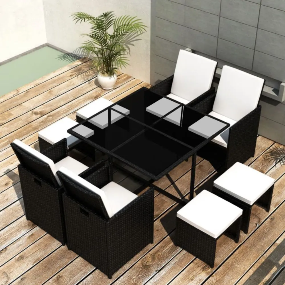 Outlet FinePRICE 9-osainen Ulkoruokailuryhmä tyynyillä 85x109x56 cm polyrottinki musta
