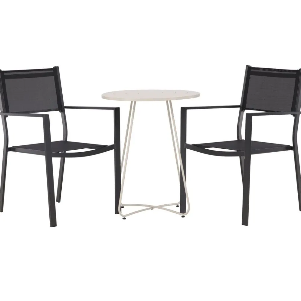 Online Venture Home Parvekeryhmä , ø60cm beige Bacong-pöytä + 2 mustaa, pinottavaa Copacabana-tuolia