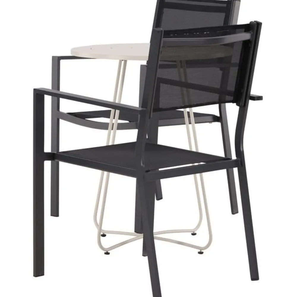 Online Venture Home Parvekeryhmä , ø60cm beige Bacong-pöytä + 2 mustaa, pinottavaa Copacabana-tuolia