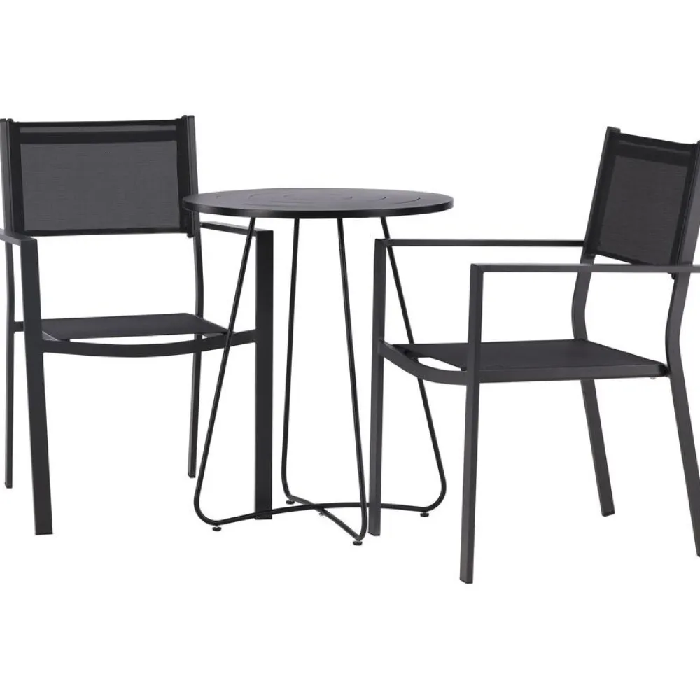 Online Venture Home Parvekeryhmä , ø60cm beige Bacong-pöytä + 2 mustaa, pinottavaa Copacabana-tuolia