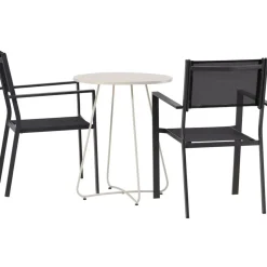 Online Venture Home Parvekeryhmä , ø60cm beige Bacong-pöytä + 2 mustaa, pinottavaa Copacabana-tuolia