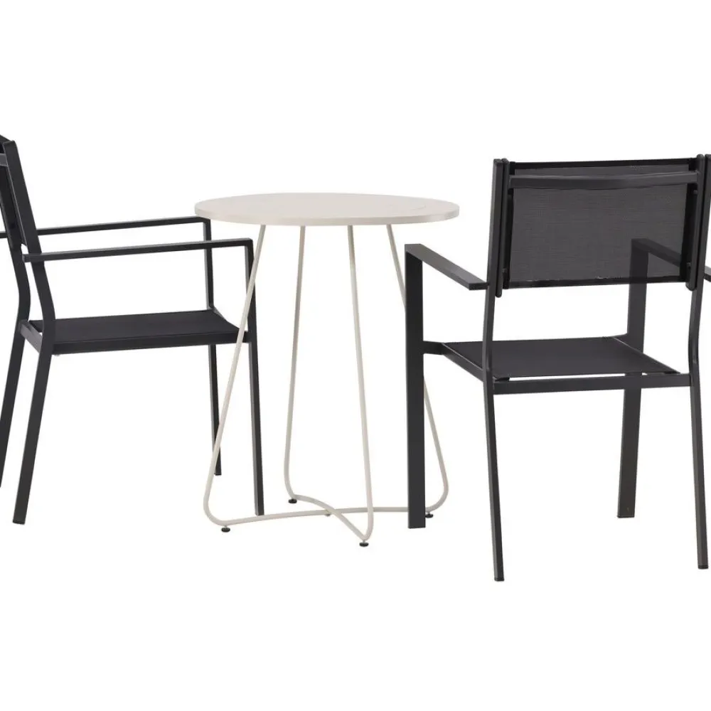Online Venture Home Parvekeryhmä , ø60cm beige Bacong-pöytä + 2 mustaa, pinottavaa Copacabana-tuolia