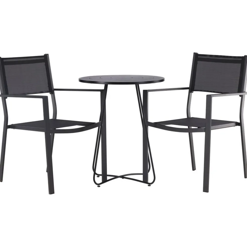 Online Venture Home Parvekeryhmä , ø60cm beige Bacong-pöytä + 2 mustaa, pinottavaa Copacabana-tuolia