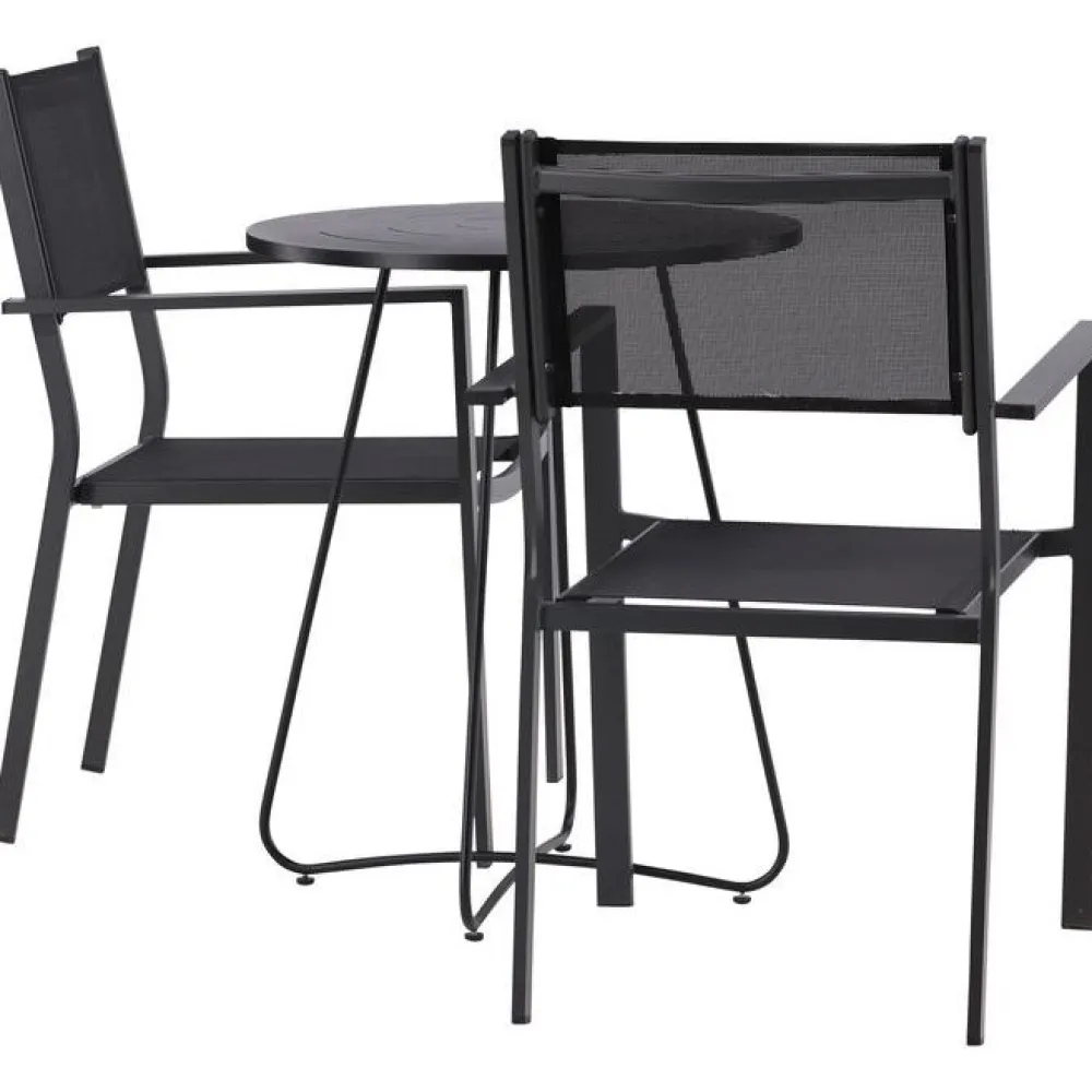 Online Venture Home Parvekeryhmä , ø60cm beige Bacong-pöytä + 2 mustaa, pinottavaa Copacabana-tuolia