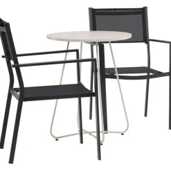 Online Venture Home Parvekeryhmä , ø60cm beige Bacong-pöytä + 2 mustaa, pinottavaa Copacabana-tuolia