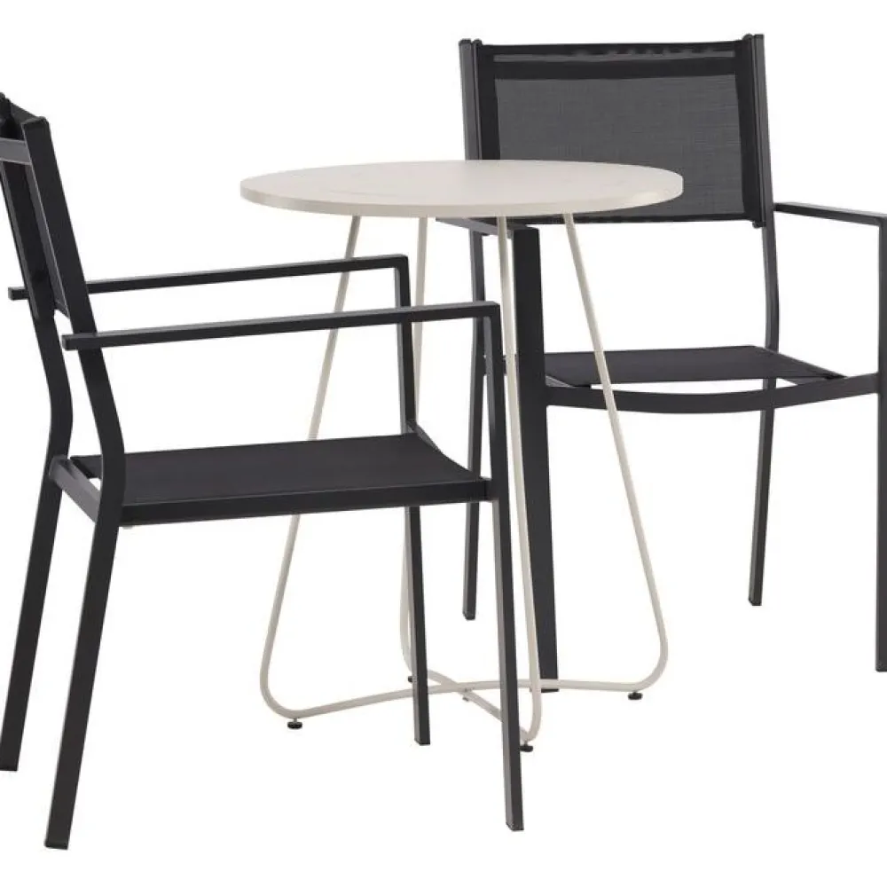 Online Venture Home Parvekeryhmä , ø60cm beige Bacong-pöytä + 2 mustaa, pinottavaa Copacabana-tuolia