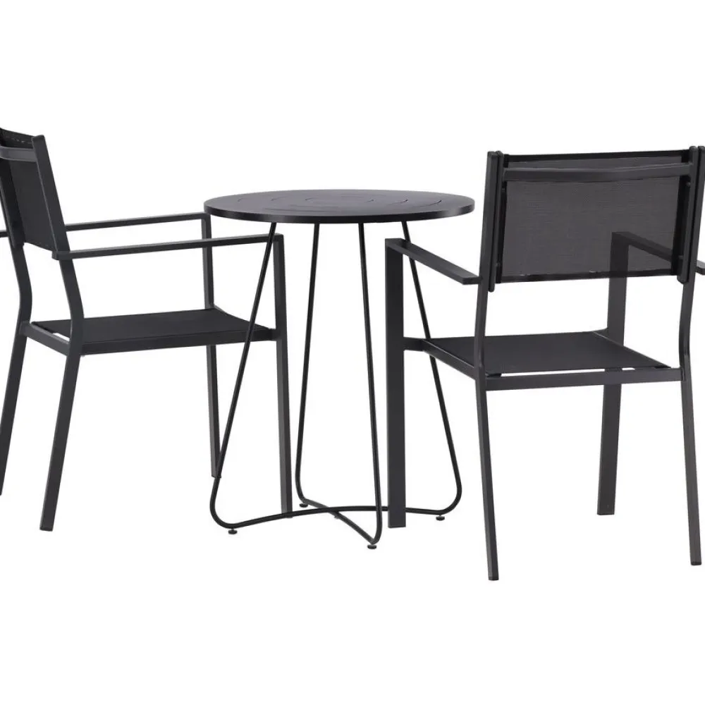 Online Venture Home Parvekeryhmä , ø60cm beige Bacong-pöytä + 2 mustaa, pinottavaa Copacabana-tuolia
