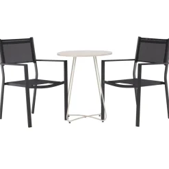 Online Venture Home Parvekeryhmä , ø60cm beige Bacong-pöytä + 2 mustaa, pinottavaa Copacabana-tuolia