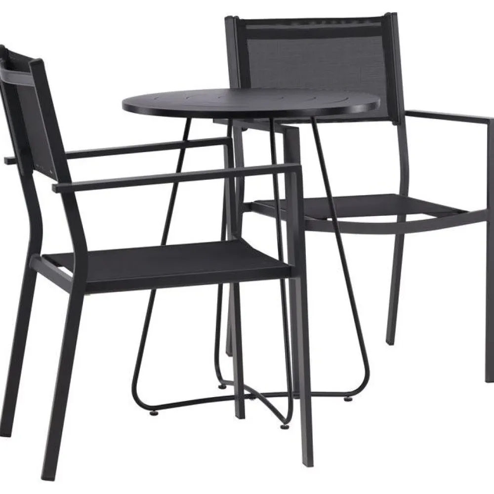 Online Venture Home Parvekeryhmä , ø60cm beige Bacong-pöytä + 2 mustaa, pinottavaa Copacabana-tuolia