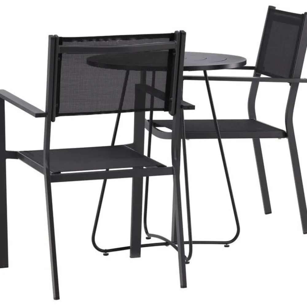 Online Venture Home Parvekeryhmä , ø60cm beige Bacong-pöytä + 2 mustaa, pinottavaa Copacabana-tuolia