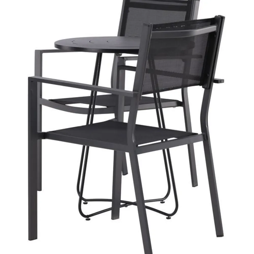 Online Venture Home Parvekeryhmä , ø60cm beige Bacong-pöytä + 2 mustaa, pinottavaa Copacabana-tuolia
